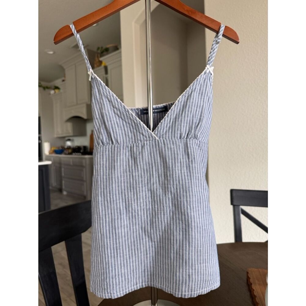 Brandy Melville Tank Top Stripes Blue White Bows V Neck Baby Doll